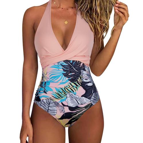 Polyester One-piece Swimsuit slimming & deep V & backless printed PC