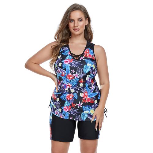 Polyester Plus Size Tankinis Set slimming printed floral mixed colors Set