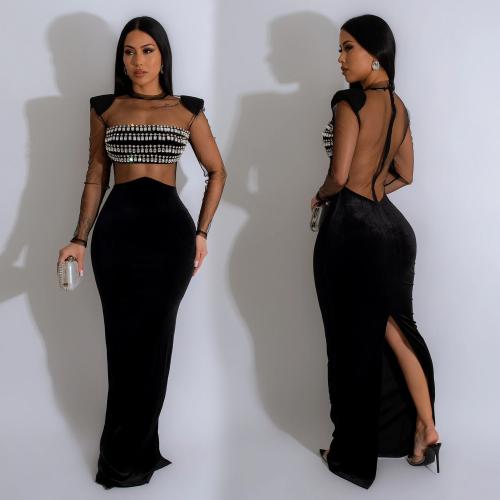 Polyester Slim One-piece Dress see through look black PC