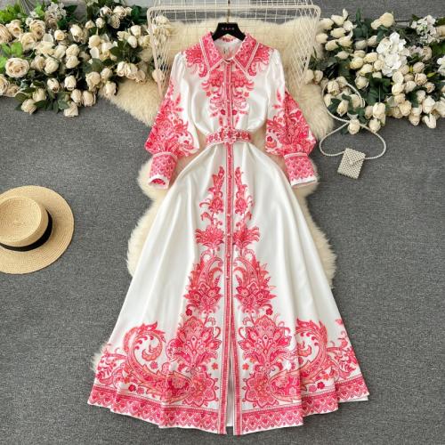 Mixed Fabric Waist-controlled & long style One-piece Dress large hem design & slimming printed floral PC