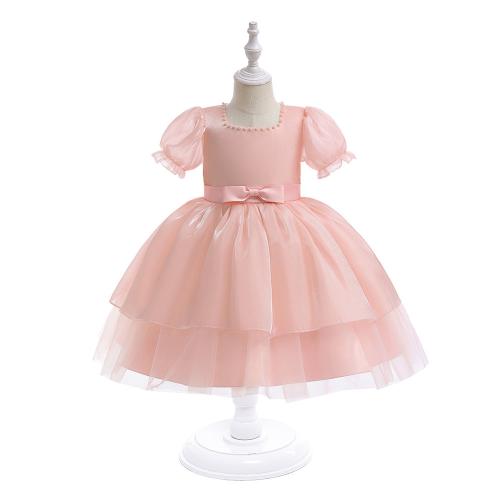 Polyester Ball Gown Girl One-piece Dress Cute & breathable Solid pink PC