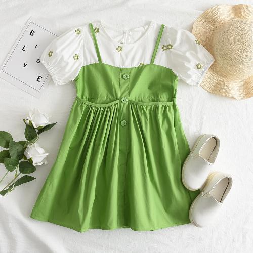 Polyester Soft Girl One-piece Dress & fake two piece & breathable green PC