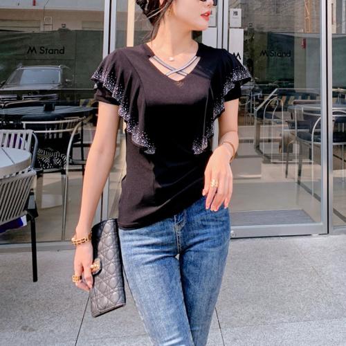 Polyester scallop & Slim Women Short Sleeve T-Shirts iron-on Solid PC