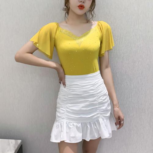 Polyester scallop & Slim & Plus Size Women Short Sleeve T-Shirts iron-on Solid PC