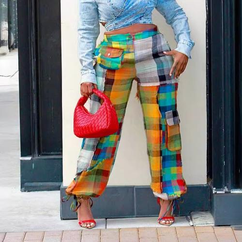 Polyester Women Long Trousers slimming & loose printed plaid multi-colored PC