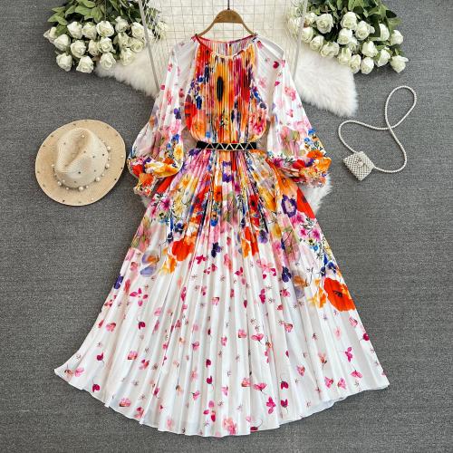 Polyester Waist-controlled & Pleated One-piece Dress mid-long style & slimming printed floral mixed colors : PC