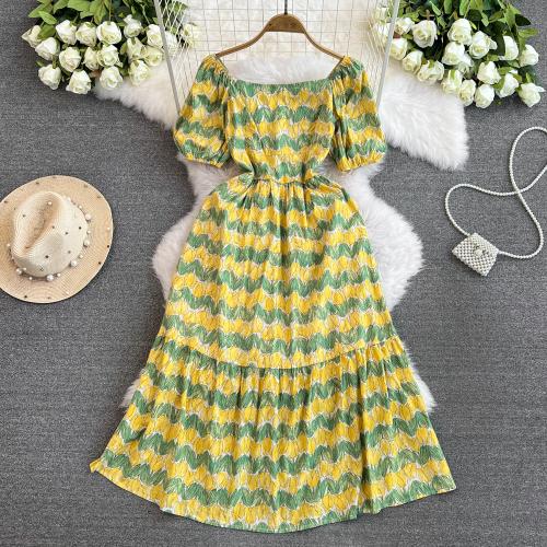 Polyester Waist-controlled One-piece Dress mid-long style & slimming printed floral mixed colors PC