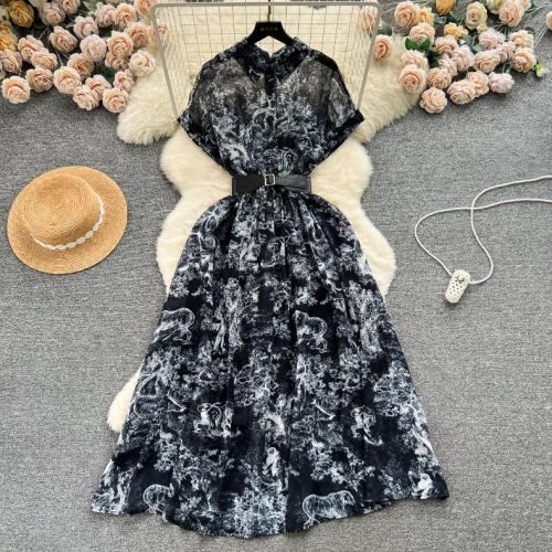 Mixed Fabric Waist-controlled One-piece Dress mid-long style & slimming printed mixed pattern PC