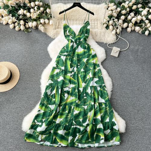Mixed Fabric Slip Dress deep V & backless printed leaf pattern green PC