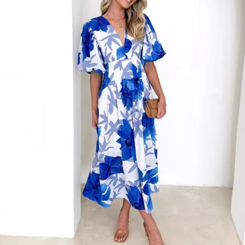 Polyester long style One-piece Dress slimming & deep V printed PC