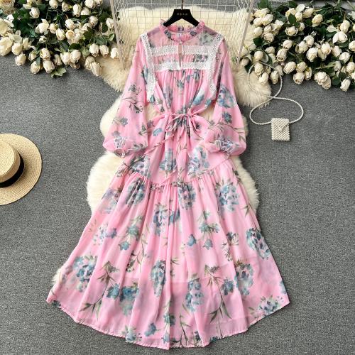 Polyester Slim One-piece Dress mid-long style printed floral : PC