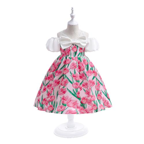 Polyester Ball Gown Girl One-piece Dress & off shoulder & breathable printed floral pink PC