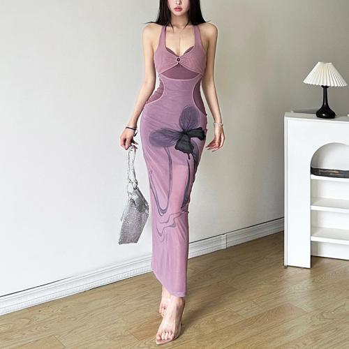 Polyester Slim One-piece Dress printed butterfly pattern purple PC