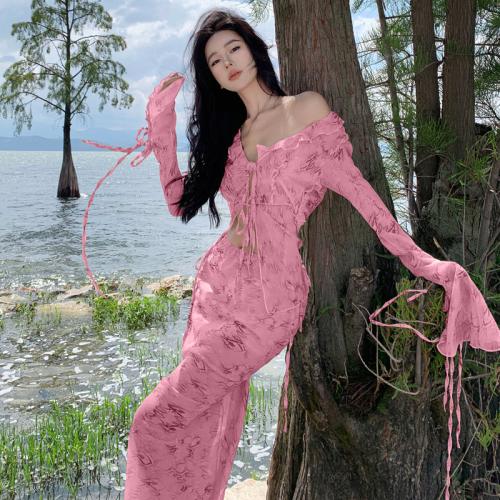 Polyester Slim Two-Piece Dress Set midriff-baring  printed pink PC
