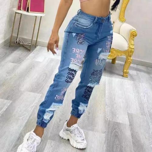 Cotton Ripped & Slim Women Jeans printed letter blue PC