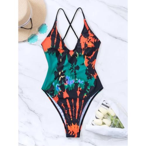 Polyester One-piece Swimsuit backless & padded Tie-dye PC