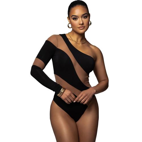 Spandex & Polyester Slim Women Jumpsuit see through look & One Shoulder patchwork PC