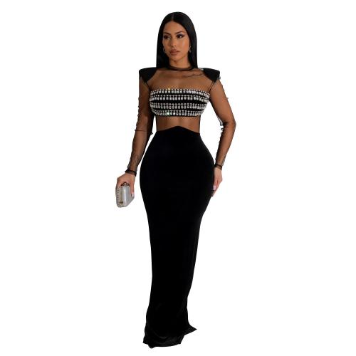 Polyester Sexy Package Hip Dresses see through look & back split & floor-length iron-on Solid black PC