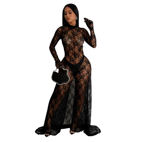 Polyester Long Jumpsuit see through look & backless & breathable Solid black PC