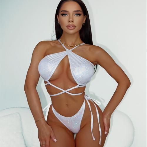 Polyester Bikini & two piece & hollow & skinny style white Set