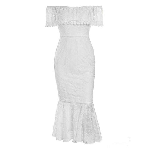 Polyester Off Shoulder & Slim & High Waist Long Evening Dress patchwork white PC