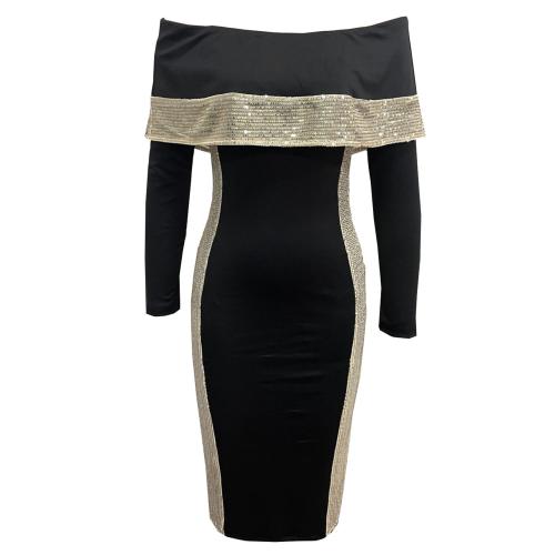Sequin & Polyester Off Shoulder & Slim Long Evening Dress back split patchwork black PC