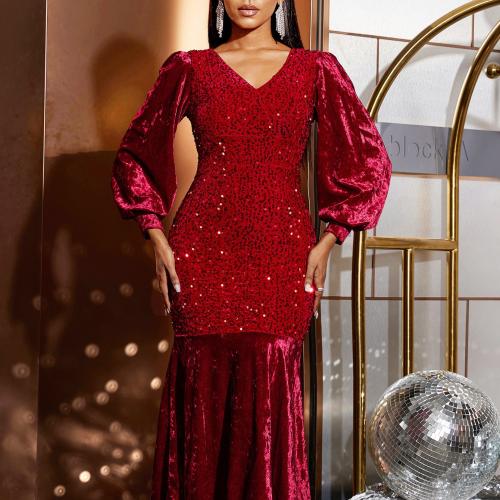 Sequin & Polyester Slim Long Evening Dress patchwork red PC