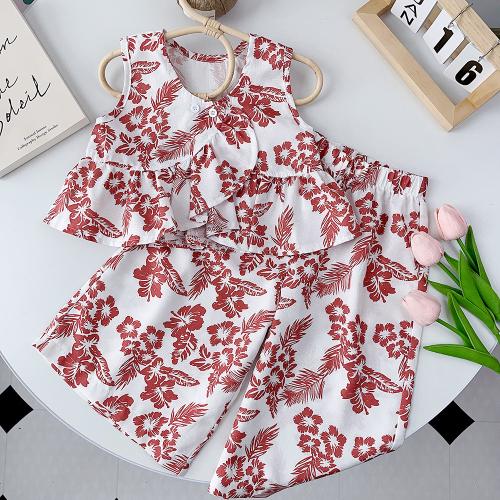Polyester Girl Clothes Set & two piece & sweat absorption & loose & breathable printed floral Set
