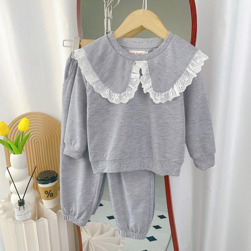 Polyester lace & Soft Girl Clothes Set & two piece Solid gray Set