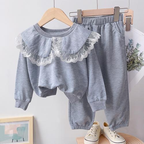 Polyester lace Girl Clothes Set & two piece & thermal Solid gray Set