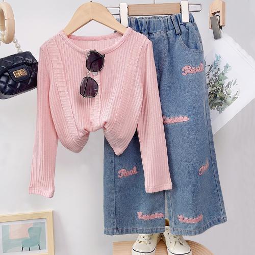 Denim & Polyester Soft Girl Clothes Set & two piece & thermal Solid Set