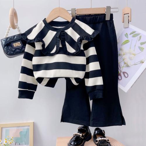 Polyester Girl Clothes Set & two piece & loose & thermal striped black Set