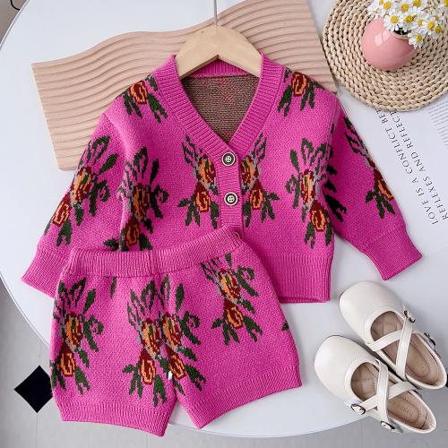 Knitted Soft Girl Clothes Set & two piece & thermal printed floral fuchsia Set