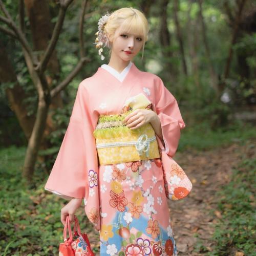 Polyester Sexy Kimono Cute & loose printed floral pink Set