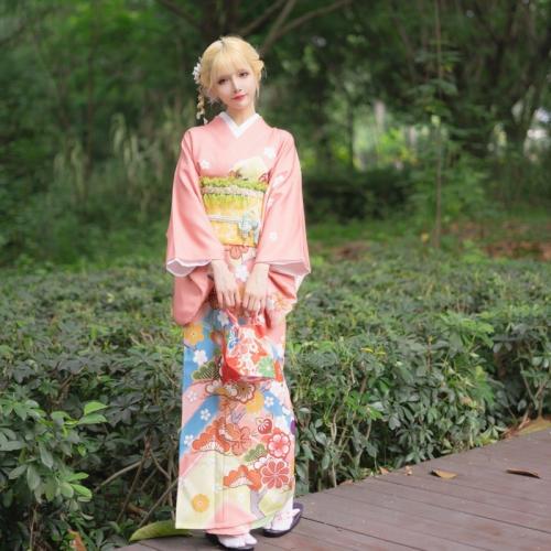Poliéster Kimono Sexy, Disfraz de kimono & cinturón, impreso, floral, rosado,  Conjunto