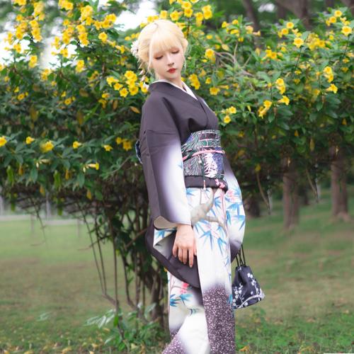 Polyester Sexy Kimono Cute & loose Kimono Costume & belt printed floral black Set