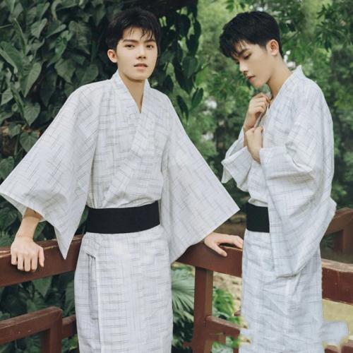 Polyester Men Kimono loose printed plaid white Set