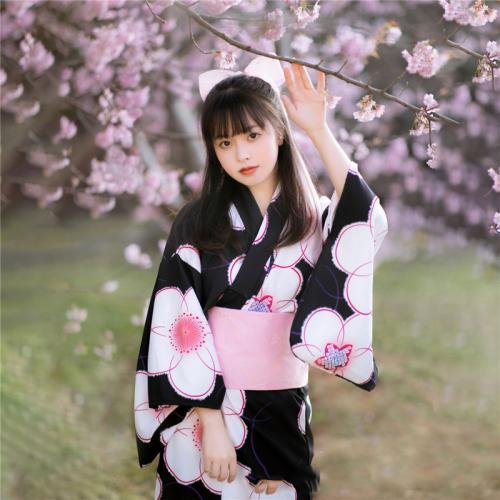 Polyester Sexy Kimono Afgedrukt Bloemen Zwarte Instellen