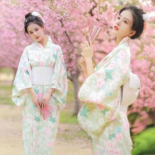 Polyester Sexy Kimono Afgedrukt Bloemen Groene stuk