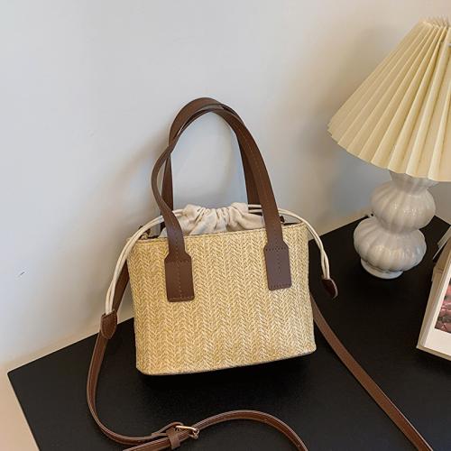 Straw Bucket Bag Handbag large capacity & attached with hanging strap Solid PC