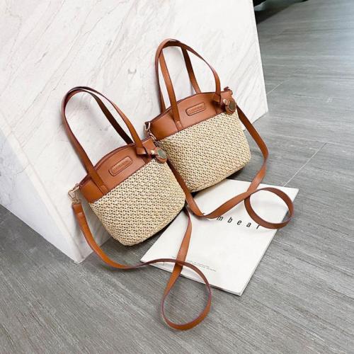 Straw & PU Leather Bucket Bag Shoulder Bag & attached with hanging strap Solid PC