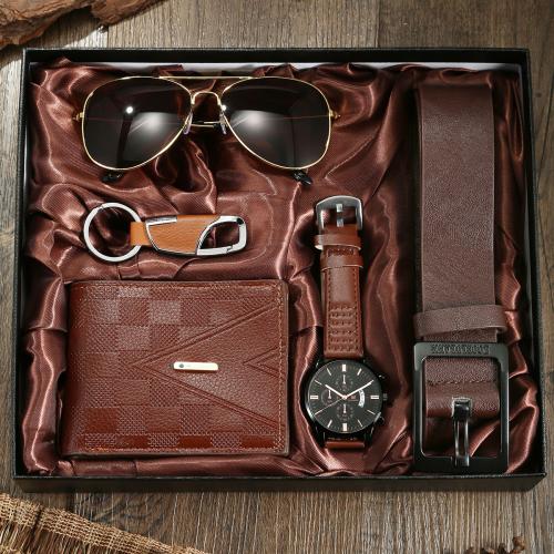 Glass & Stainless Steel & PU Leather & Zinc Alloy for man Gift Set five piece brown Set