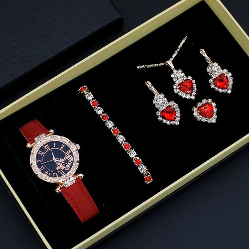 Glass & Stainless Steel & PU Leather & Zinc Alloy Jewelry Set for women & five piece & with rhinestone plated Set