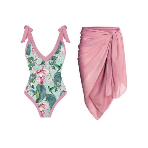Polyester One-piece Swimsuit  & padded printed leaf pattern pink PC