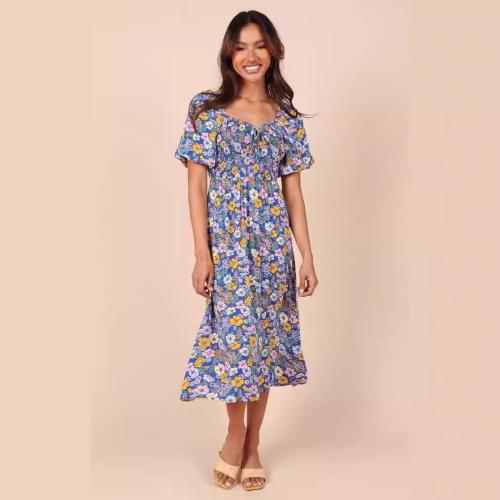 Rayon One-piece Dress mid-long style & slimming printed shivering blue PC