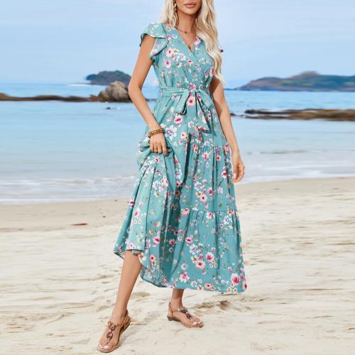 Viscose & Polyester Slim & long style Beach Dress printed shivering blue PC
