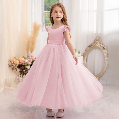 Gauze & Polyester Princess Girl One-piece Dress with bowknot & breathable Solid PC
