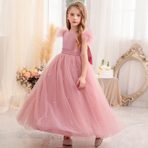 Polyester Princess Girl One-piece Dress with bowknot & backless Solid PC
