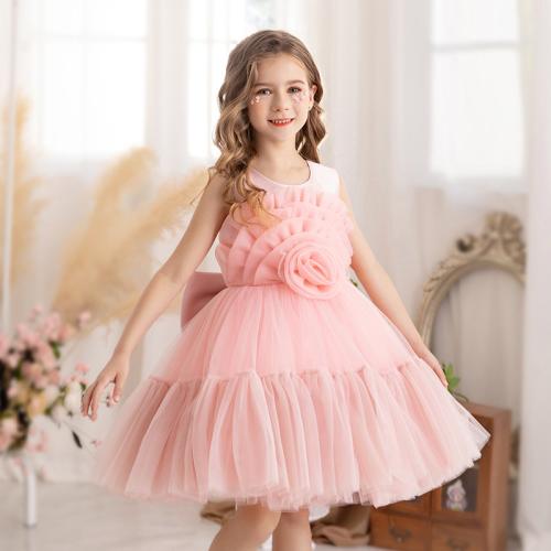 Gauze & Polyester Soft & Princess Girl One-piece Dress & breathable Solid pink PC