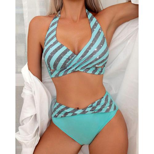 Polyester Bikini & two piece & padded printed striped blue Set